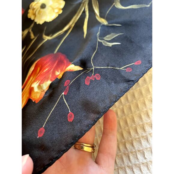 ECHO Black W/ Orange & Red Floral Print Silk Cottage Core Style Long Scarf - Picture 6 of 8